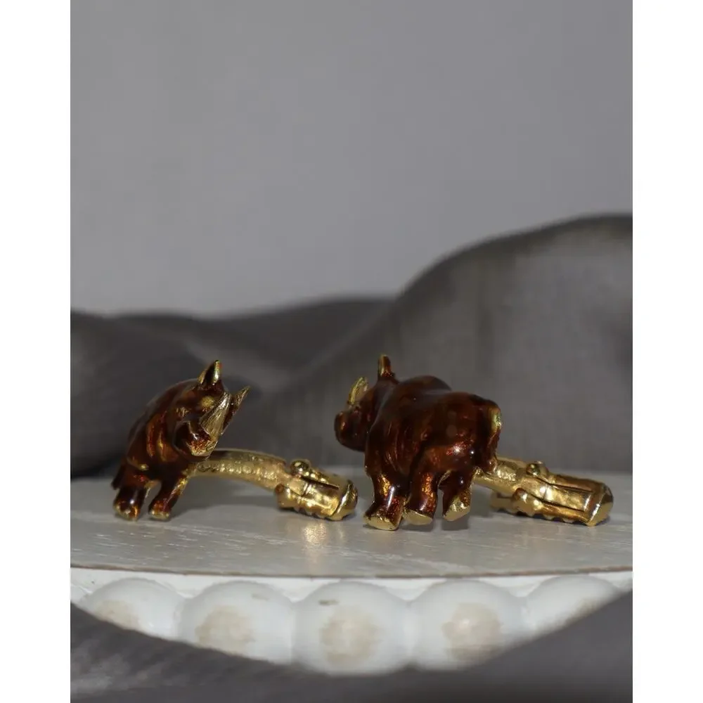 David Webb 18k Yellow Gold Enamel Rhino Cufflinks 20G